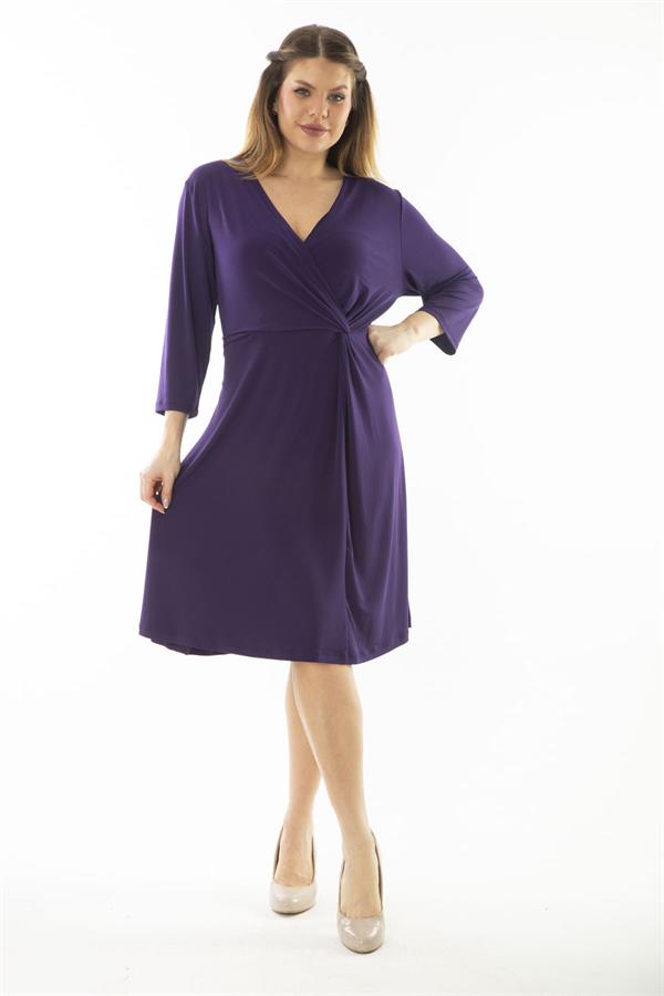 Kadın Büyük Beden Mor Anvelop Yakalı Kapri Kollu Elbise 65N37067