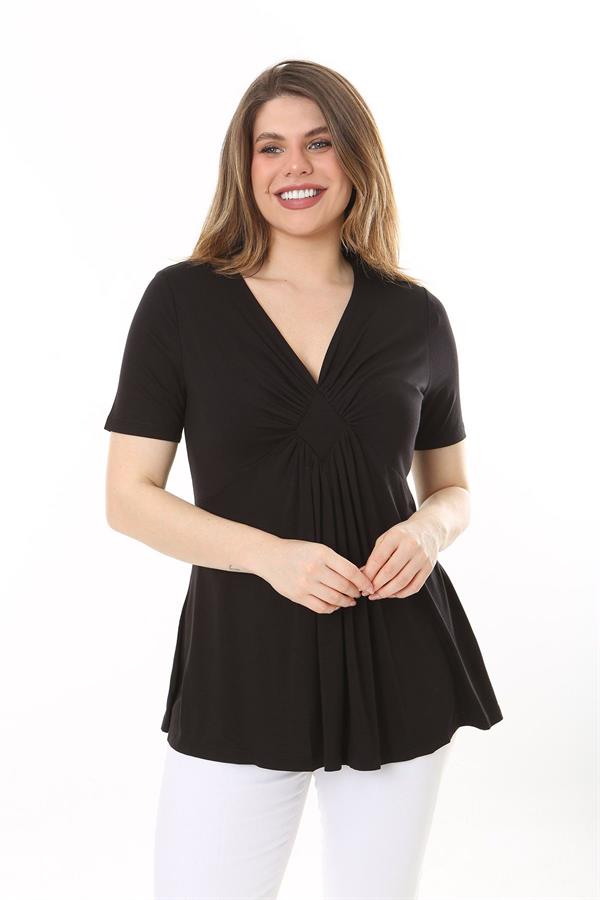 Kadın Büyük Beden Bordo Göğüs Büzgü Detaylı V Yakalı Kısa Kollu Bluz 65N37581