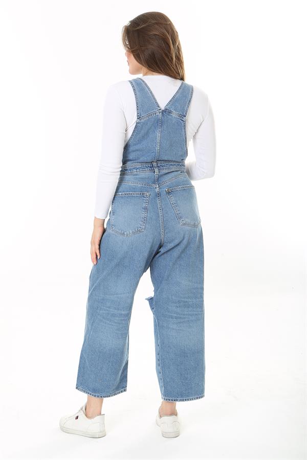 Kadın Büyük Beden Mavi Yırtık Detaylı Kot Salopet 65N37889