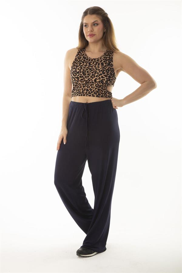 Kadın Büyük Beden Lacivert Beli Lastik Ve Bağcıklı Cepsiz Rahat Kesim Eşofman Alt 65N37060