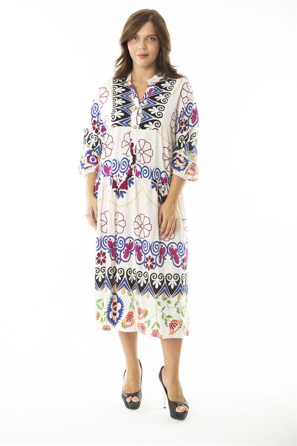 Kadın Büyük Beden Saks Dokuma Viskon Kumaş Ön Yarım Düğmeli Uzun Kollu Elbise 65N36886