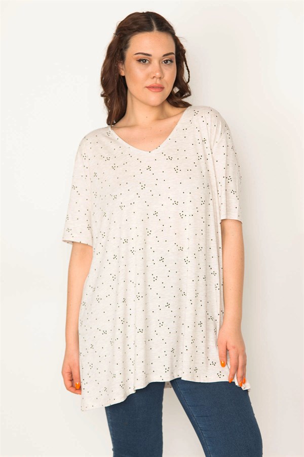 Kadın Vizon Pamuklu Kumaş V Yaka Desenli Tunik 65N32657