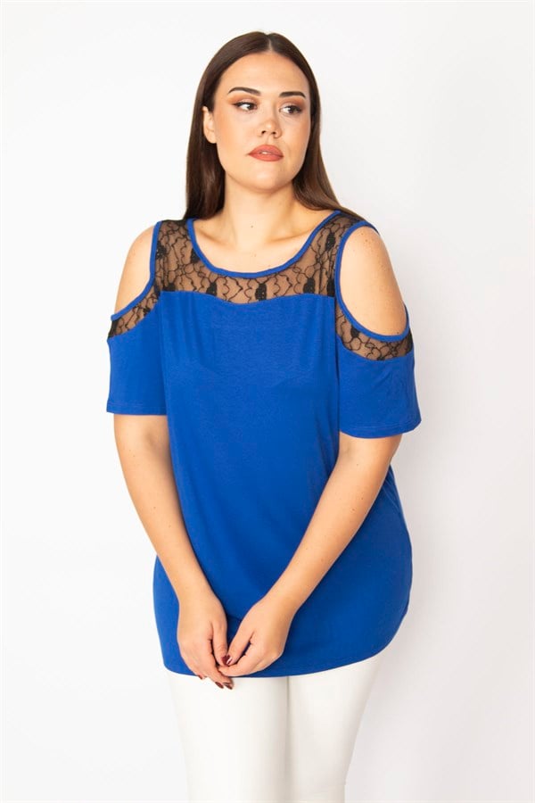Kadın Saks Omuz Dekolteli Dantelli Bluz 65N29290