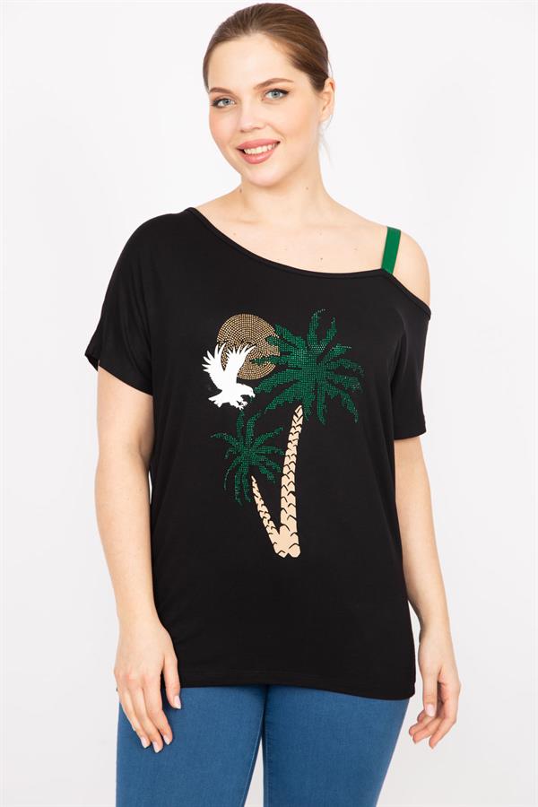 Kadın Siyah Büyük Beden Taş Ve Askı Detaylı Bluz