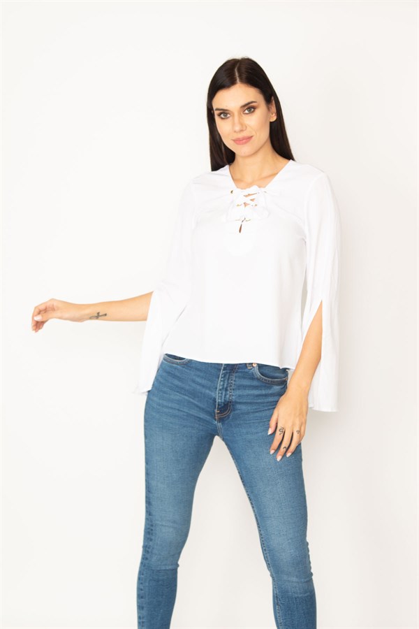 WOMEN'S WHITE COLLAR STRIPED BLOUSE WITH EYELET LACE DETAIL AND SLEEVE SLIT