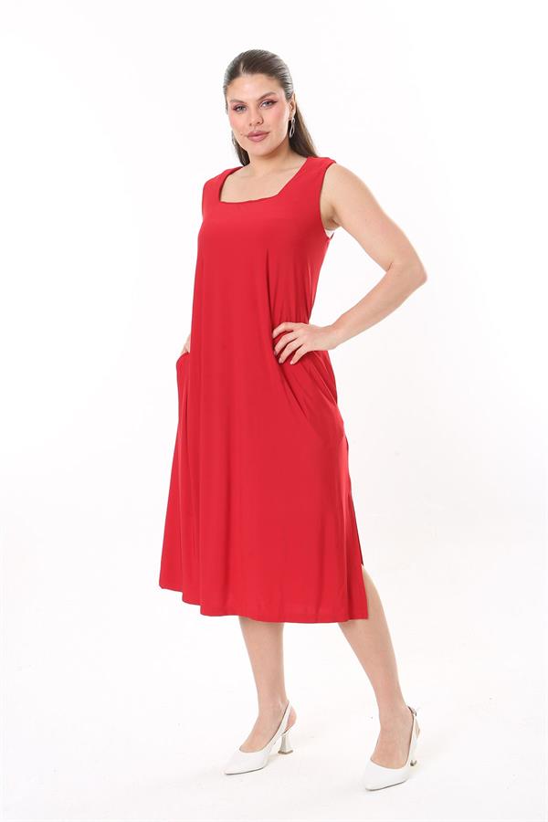 Kadın Büyük Beden Kırmızı Kare Yakalı Kolsuz Uzun Elbise 65N37738