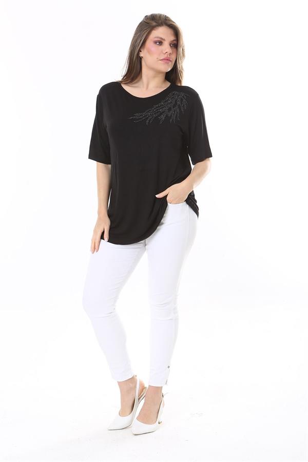 Kadın Büyük Beden Siyah Taş Detaylı Bluz 65N37802