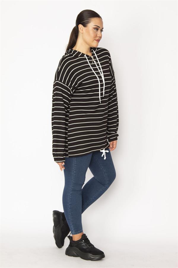 Women's Black Plus Size Front Placket Zippered Eyelet and Lace Detailed Hooded Striped Tunic