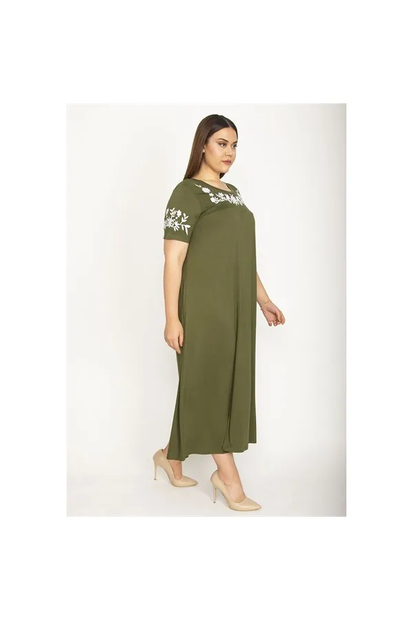 Kadın Haki Sim Detaylı Ön Baskılı Viskon Elbise 65N27473