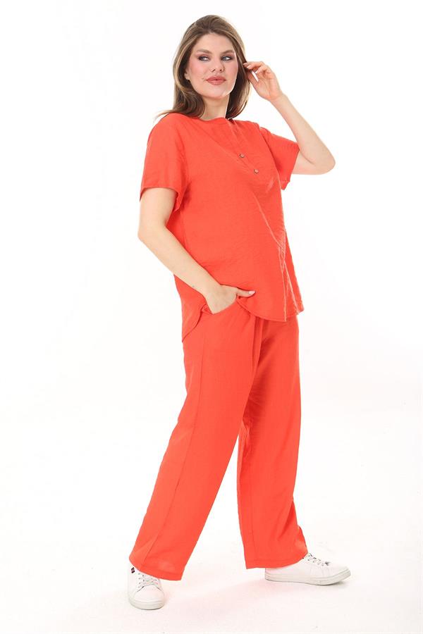 Kadın Büyük Beden Nar Ön Pat Düğmeli Tunik Ve Pantolon İkili Takım 65N37879