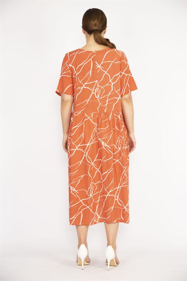 Kadın Oranj Büyük Beden Dokuma Viskon Kumaş Kısa Kollu Elbise