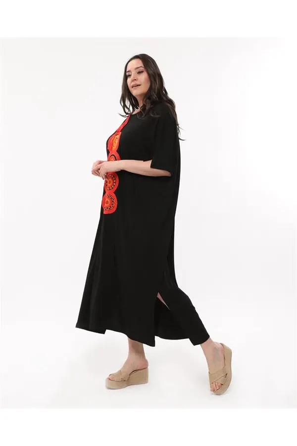 Kadın Büyük Beden Siyah, Rahat Kesim V Yaka Nakışlı Elbise 65N39077