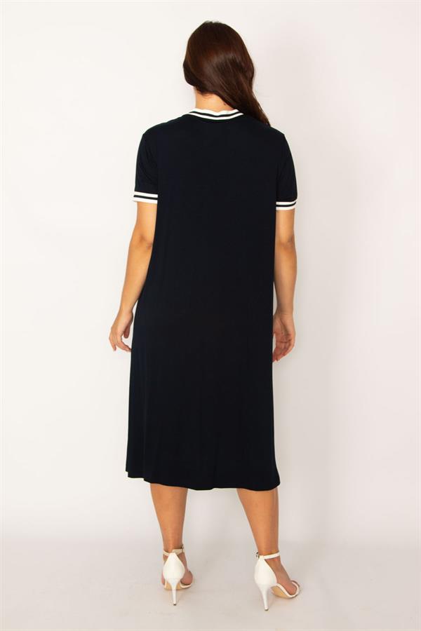Kadın Lacivert Ribana Detaylı V Yakalı Cepli Elbise 65N34160