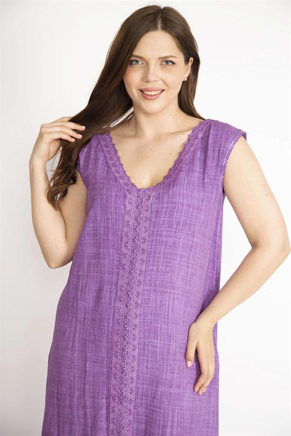 Kadın Eflatun Büyük Beden Dantel Detaylı V Yaka Yan Yırtmaçlı Keten Elbise