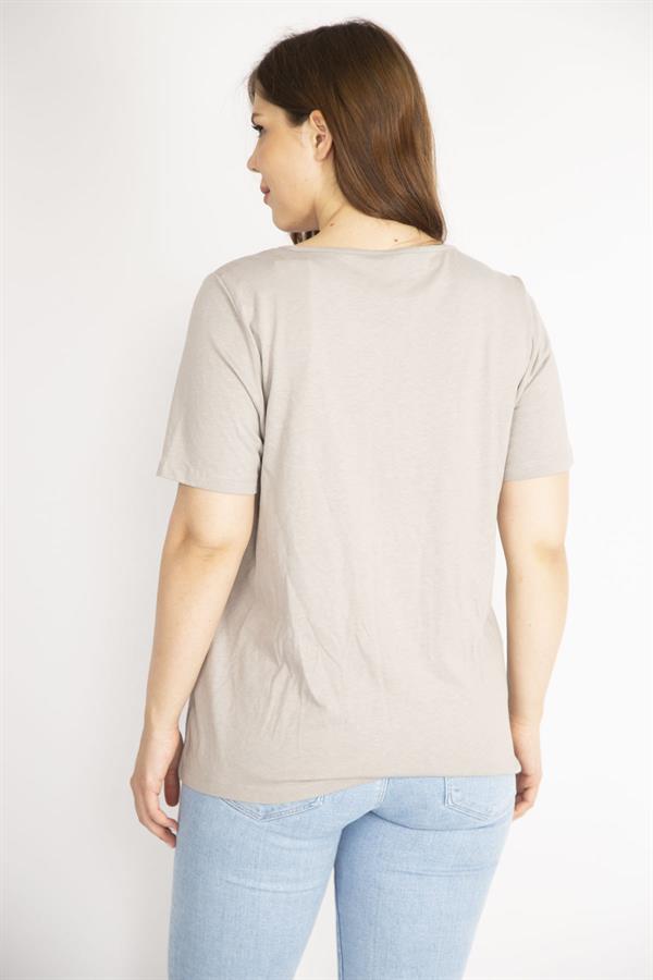 Kadın Vizon Büyük Beden Yakası Dantel Detaylı Kısa Kollu Bluz