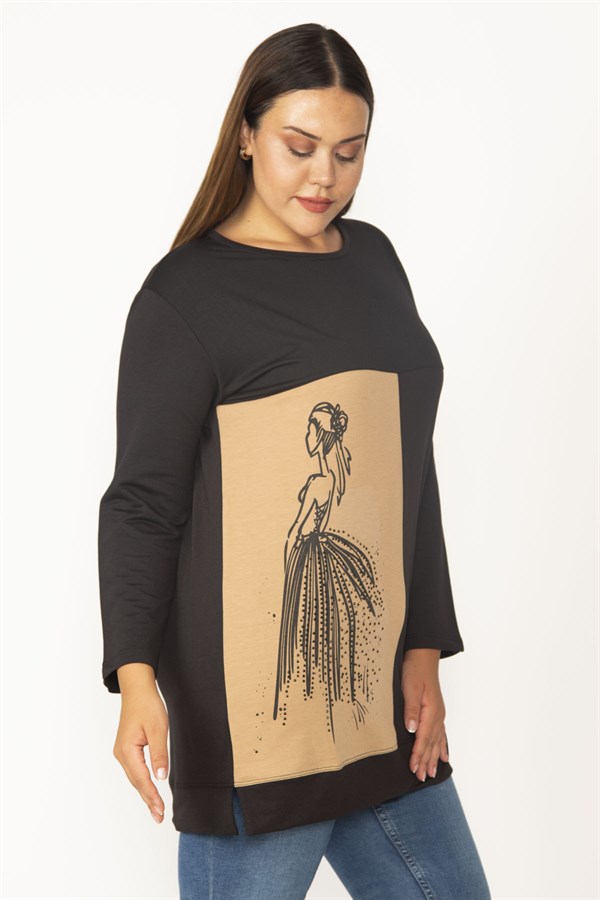 Kadın Camel Baskı Ve Taş Detaylı Renk Kombinli Sweatshirt 65N28012