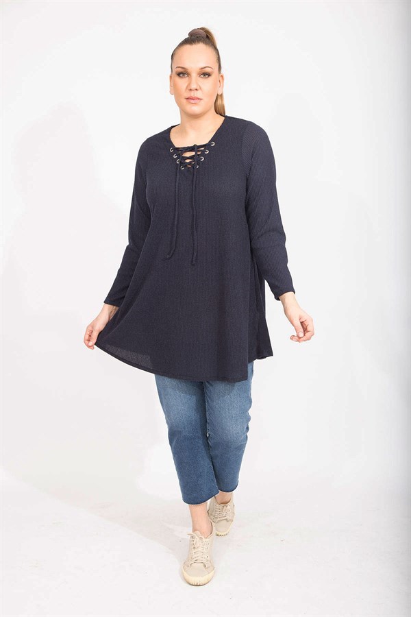 Kadın Antrasit Rahat Kesim Kaşkorse Kumaş Yakası Kuşgözü Bağcık Detaylı Uzun Tunik 65N35499