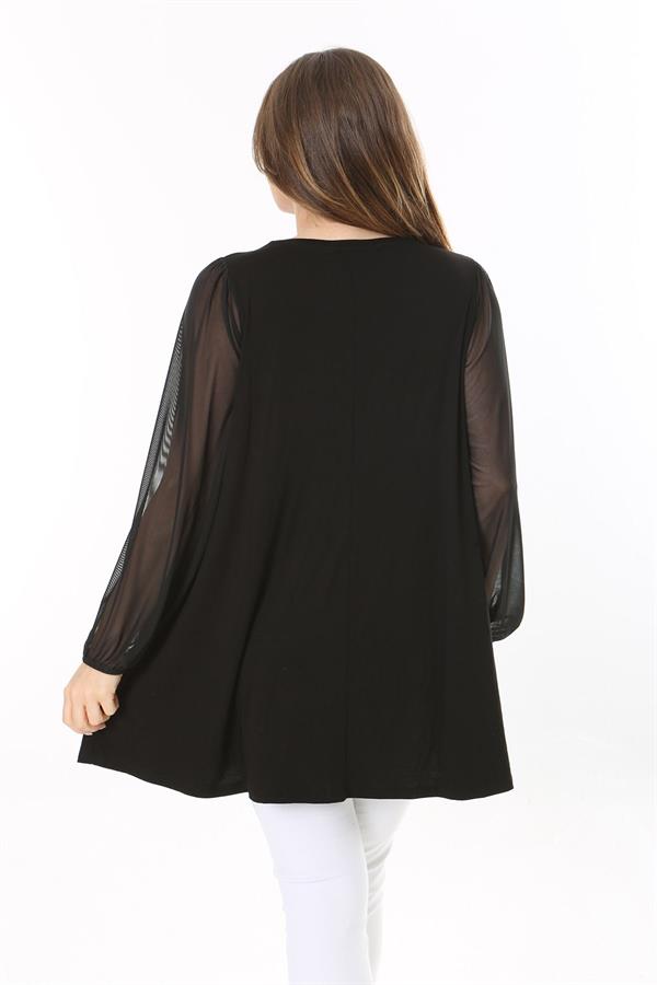 Kadın Büyük Beden Siyah Kolları Tül Önü A Pileli Tunik 65N37784