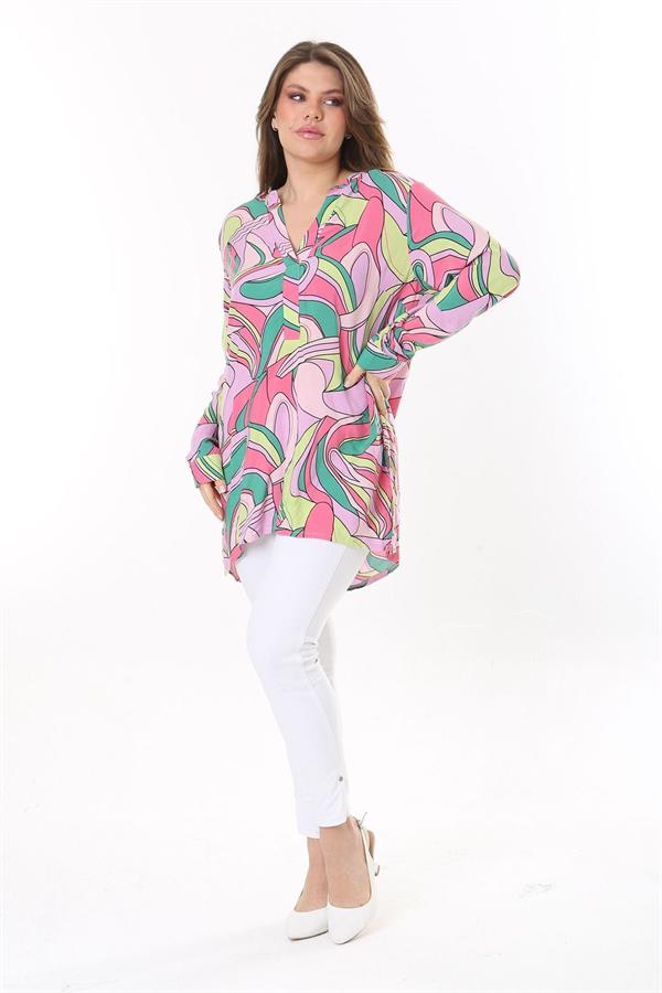 Kadın Büyük Beden Renkli Dokuma Viskon Kumaş Yan Yırtmaçlı V Yakalı Tunik 65N37789