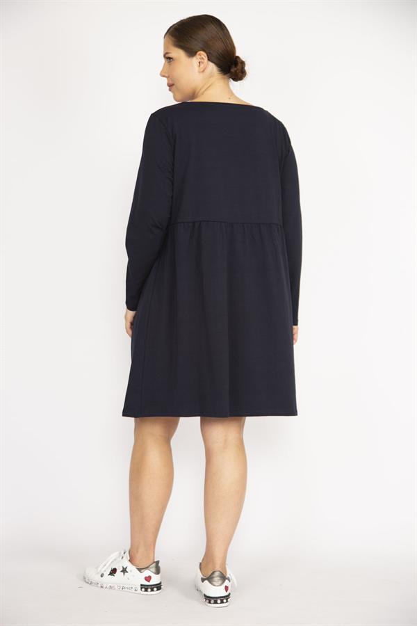 Kadın Büyük Beden Lacivert Bisiklet Yakalı Belden Büzgülü Uzun Kollu Tunik Elbise