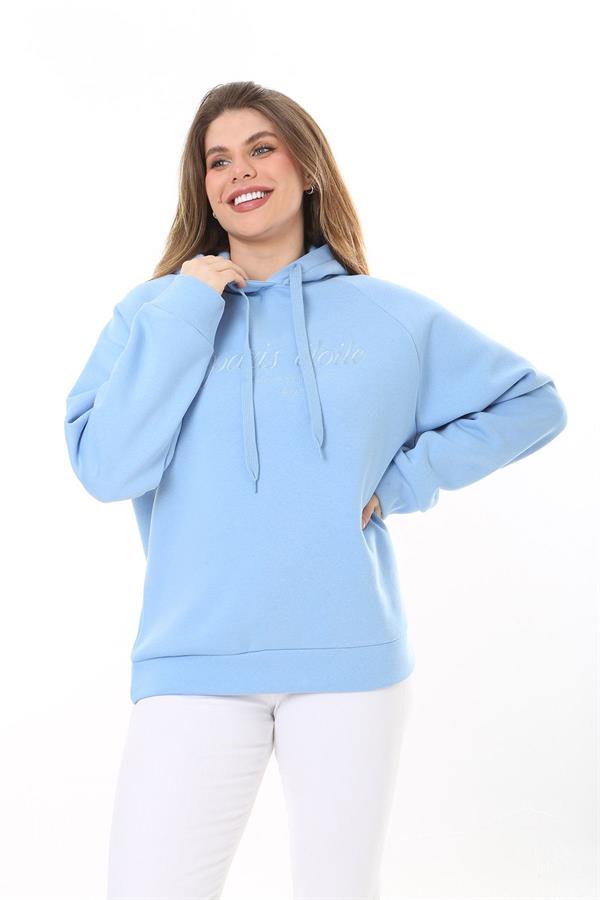 Kadın Büyük Beden Bebe Mavisi İçi Şardonlu 3 İplik Kumaş Kapşonlu Sweatshirt 65N37575