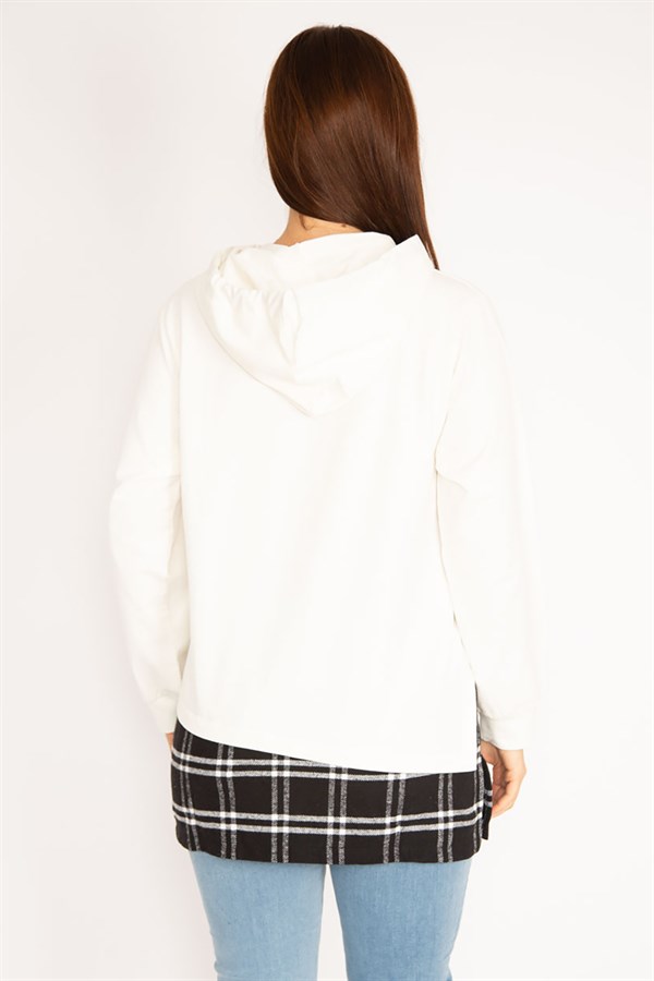 Kadın Kemik Kapşonlu Etek Ucu Ekose Garnili Sweatshirt 65N34878