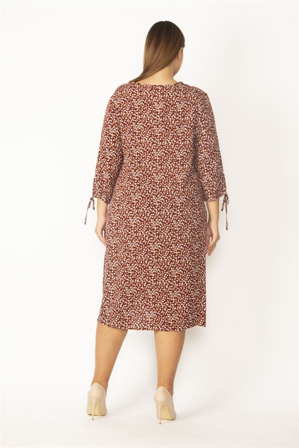 Kadın Bordo Yaka Ve Kolları Bağcık Detaylı Dokuma Viskon Kumaş Çıtır Desenli Elbise 65N28831
