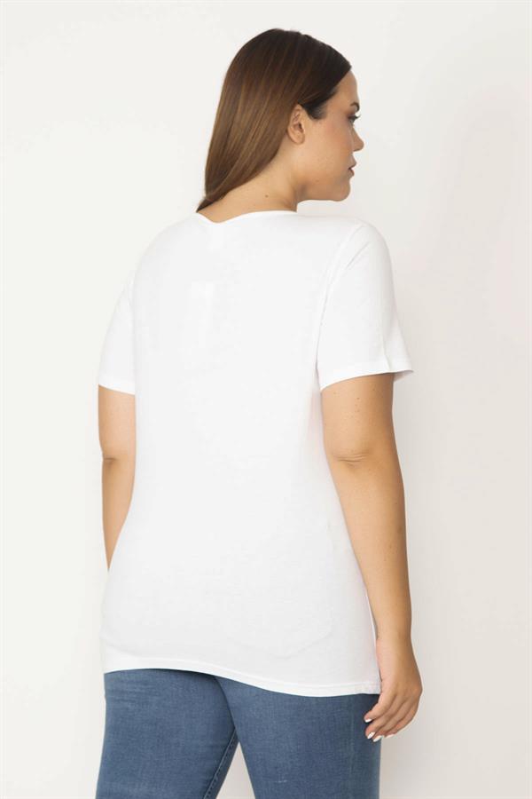 Kadın Büyük Beden Kemik Pamuklu Kumaş Ön Baskılı Kısa Kollu Bluz 65N36781