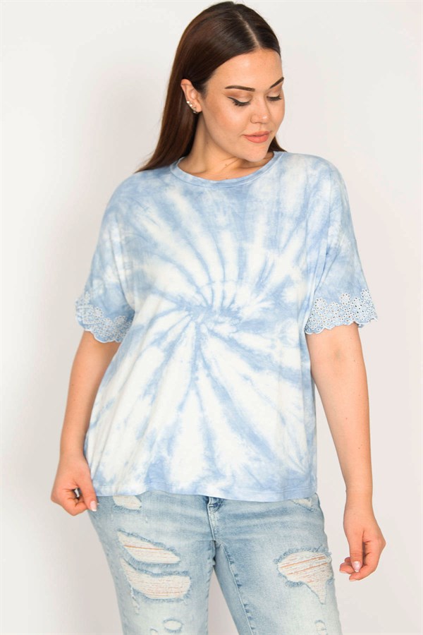 Kadın Mavi Batik Desenli Kol Ağzı Dantel Detaylı Bluz 65N33289