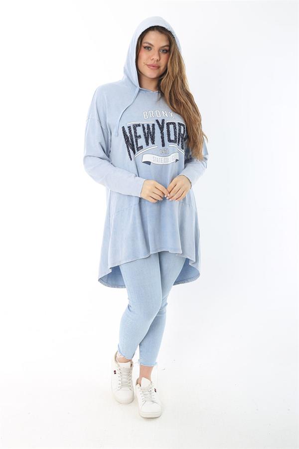Kadın Büyük Beden Mavi Payet Detaylı Arkası Uzun Kapşonlu Sweatshirt 65N37463