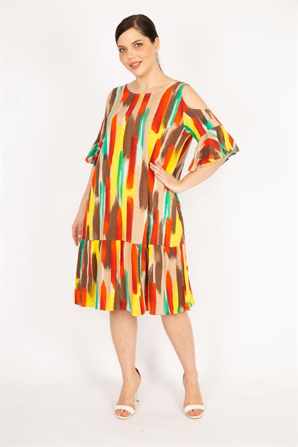 Kadın Fujya Büyük Beden Omuz Dekolteli Dokuma Viskon Kumaş Yan Cepli Elbise