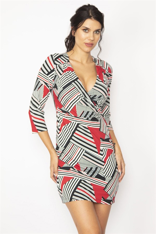 KADIN SİYAH ANVELOP YAKALI GEOMETRİK DESEN ASTARLI ELBİSE