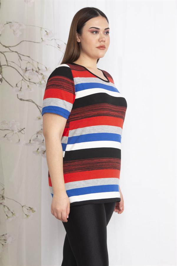 Kadın Büyük Beden Renkli Kısa Kollu Triko Dokuma Çizgili Bluz 65N36838