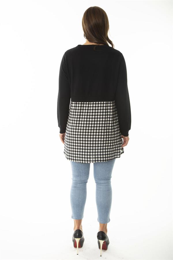 Kadın Büyük Beden Siyah Alt Kısmı Ekose Desen Ve Düğmeli Tunik 65N36961