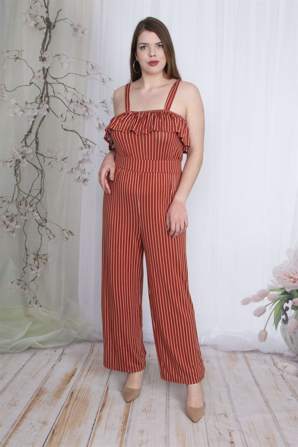 Kadın Tarçın Çizgili Volan Detaylı Askılı Tulum 65N23736