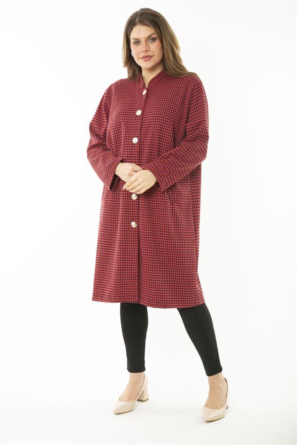 Women's Plus Size Red Piyedepul Pattern Metal Button Unlined Cape 65N37109