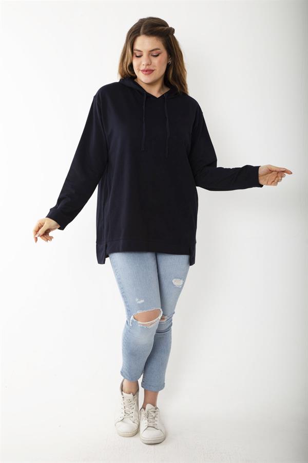 Women's Plus Size Navy Blue Relaxed Cut Side Slit Hooded Sweatshirt 65N37200