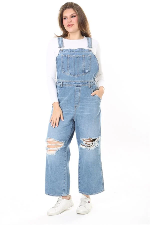 Kadın Büyük Beden Mavi Yırtık Detaylı Kot Salopet 65N37889