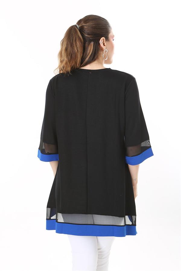 Kadın Büyük Beden Kemik Kol Ve Etek Ucu Tül Ve Garni Detaylı V Yakalı Arkası Uzun Tunik 65N37681