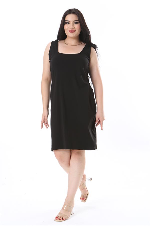 Kadın Büyük Beden Siyah Kalın Askılı Tunik Elbise 65N38240