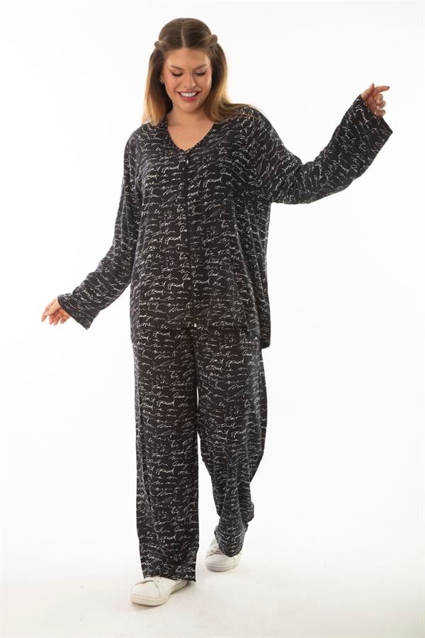 Kadın Büyük Beden Kemik Dokuma Viskon Kumaş Ön Fermuarlı Bluz Pantolon İkili Takım 65N37005