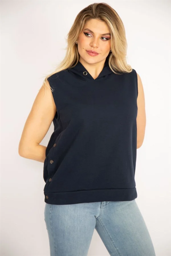 Kadın Lacivert Yanı Çıtçıt Yırtmaçlı Kapşonlu Kolsuz Sweatshirt 65N34829