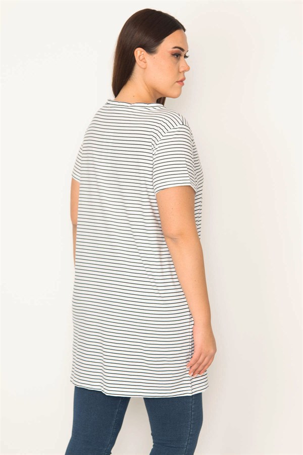KADIN KEMİK PAMUKLU KUMAŞ BİSİKLET YAKA ÇİZGİLİ BLUZ