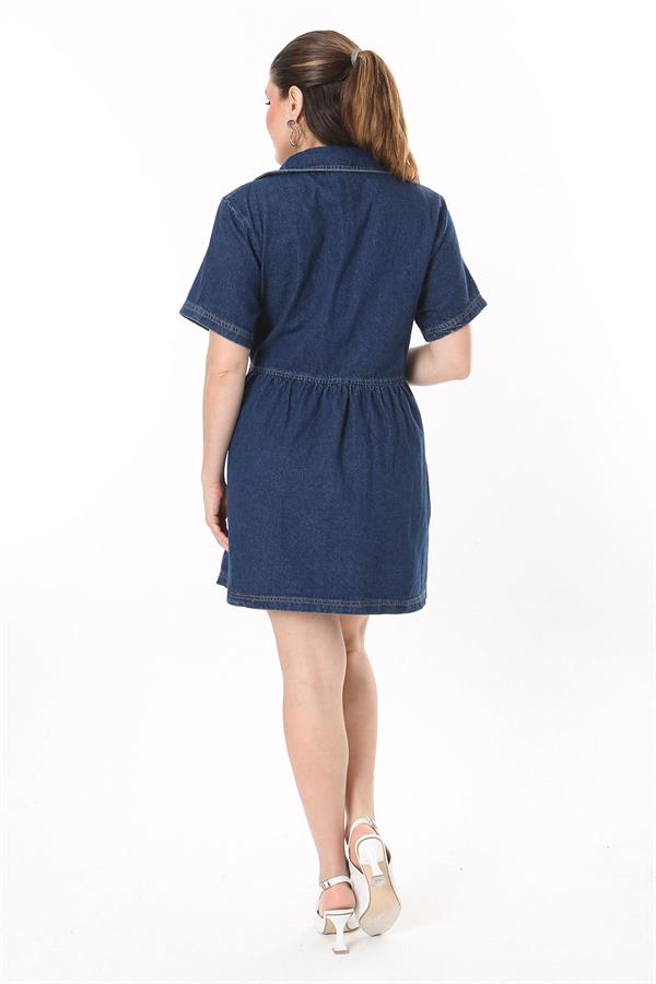 Kadın Büyük Beden Lacivert Bel Bağcıklı Anvelop Kot Elbise 65N37733