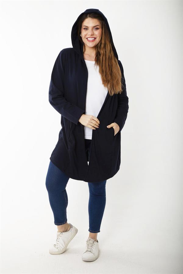 Kadın Büyük Beden Gri Kup Ve Vep Detaylı Kapşonlu Hırka 65N37183