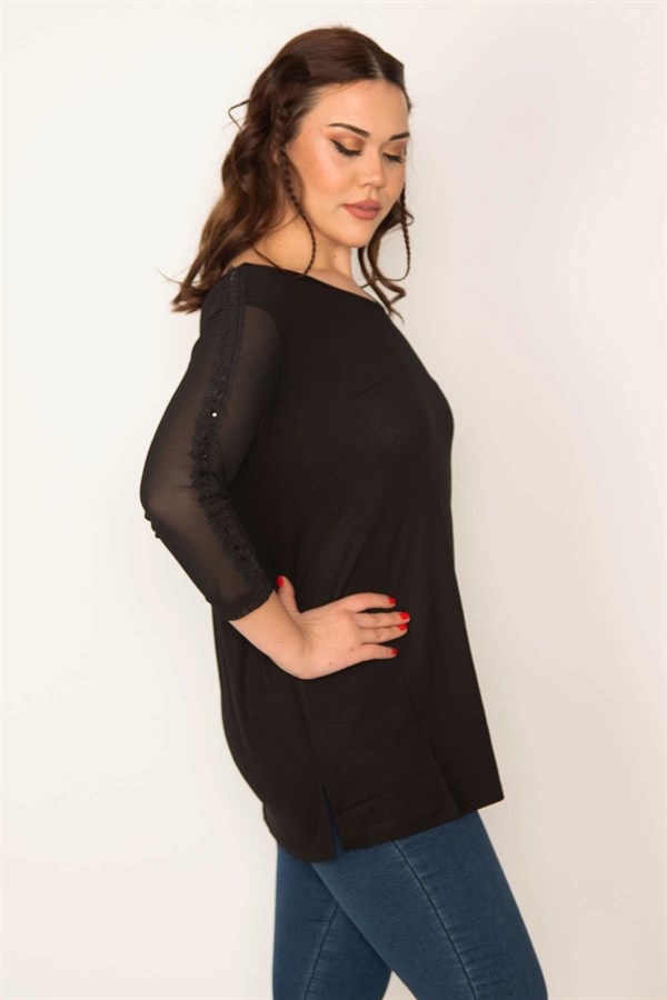 KADIN SİYAH KOLLARI TÜL VE PAYET DETAYLI V YAKALI BLUZ