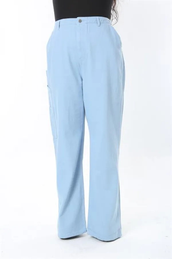 Kadın Büyük Beden Mavi Yüksek Bel Kargo Cepli Geniş Paçalı Kot Pantolon 65N38896