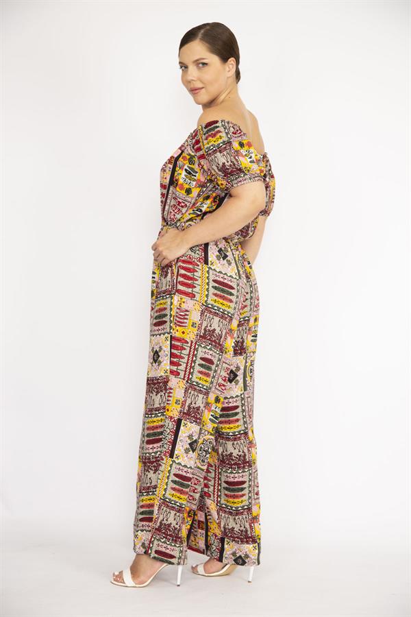 Kadın Bordo Büyük Beden Yaka Beli Lastik Detaylı Dokuma Viskon Kumaş Renkli Tulum