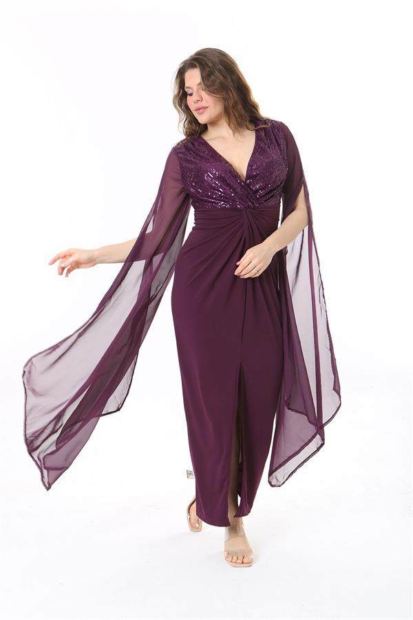 Kadın Büyük Beden Mürdüm Payet Ve Göğüs Büzgü Detaylı Kolları Şifon Elbise 65N37963