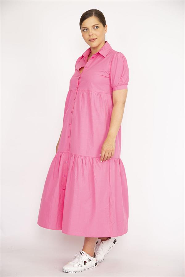 Kadın Büyük Beden Pembe Poplin Kumaş Ön Boy Düğmeli Elbise 65N36790